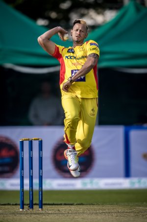 City Kaitak's Rayad Emrit (W Indies) bowls on Day 1 of the HK T20 Blitz 2018.jpg