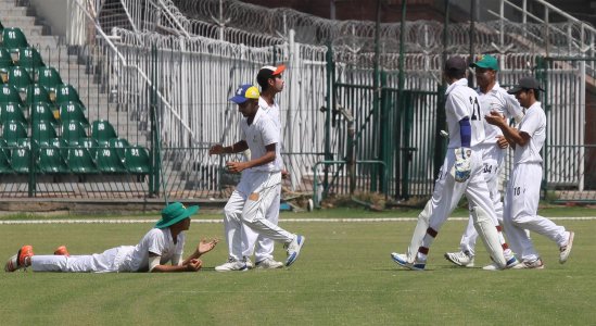 NCA U16 Shaheen players celebrate dismissal on the opening day of the two-day practice match at .jpg