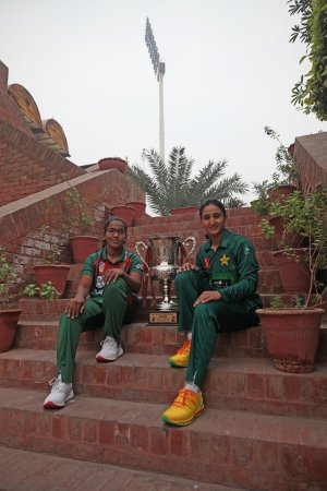 Pakistan and Bangladesh captains with the ODI series trophy - PCB.jpg