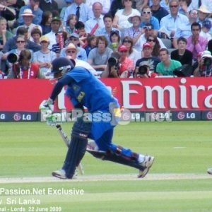 Sri Lankan batsman carefully defends a ball