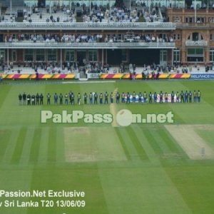 The Pakistani and Sri Lankan teams line up for the national anthems