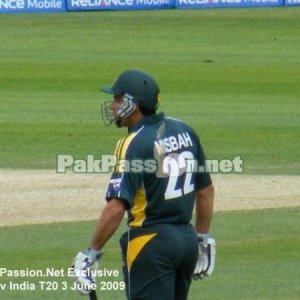 Misbah ul Haq watches the action from the non-striker's end