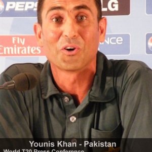 Younis Khan answers a question at the Lords press conference