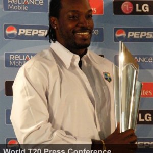 Chris Gayle with the 2009 ICC Twenty20 World Cup Trophy