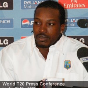 Chris Gayle talks to the media at Lords Press Conference