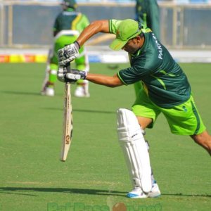 Abdur Rehman in a mood for some forward defence during practice