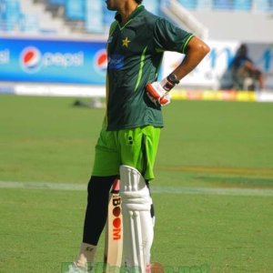Umar Gul practicing his batting during a practice session