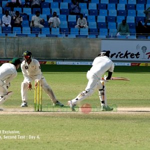 Angelo Mathews looks back to see if the stumps are secure
