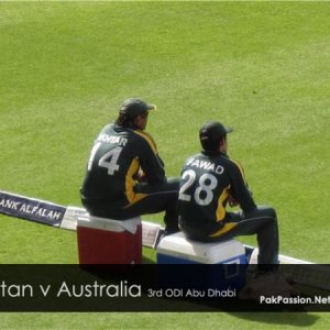 Shoaib Akhtar and Fawad Alam watch the action from a distance