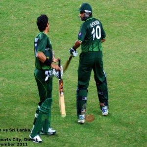 Captain Misbah has a talk with Afridi before he goes on to bat