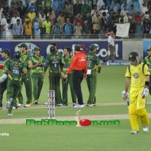 Pakistan team celebrating after getting Maxwell's wicket