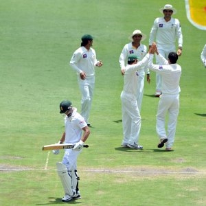 Junaid Khan and Pakistan celebrate the wicket of Alviro Petersen