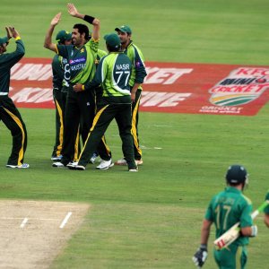 Umar Gul and the Pakistan team celebrate a wicket