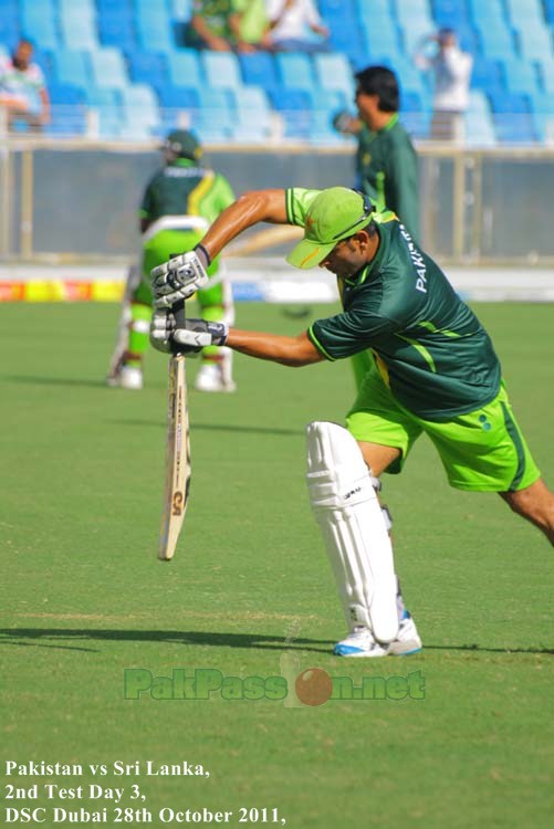 Abdur Rehman in a mood for some forward defence during practice