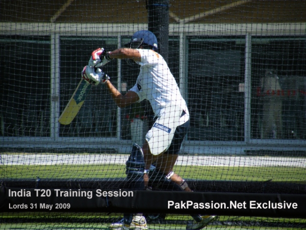 An Indian batsman practices in the nets at Lords