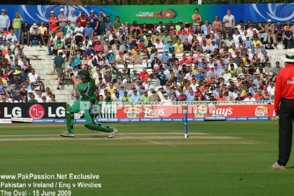 An Irish batsman heaves one towards deep mid-wicket.