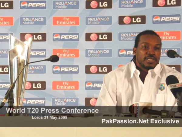 Chris Gayle talks to the media at Lords Press Conference