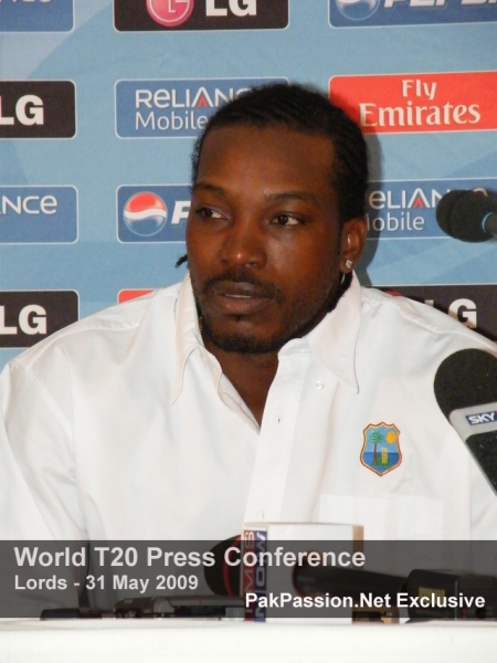 Chris Gayle talks to the media at Lords Press Conference