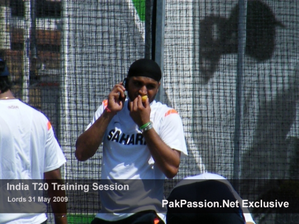 Harbhajan Singh relaxes during a training session