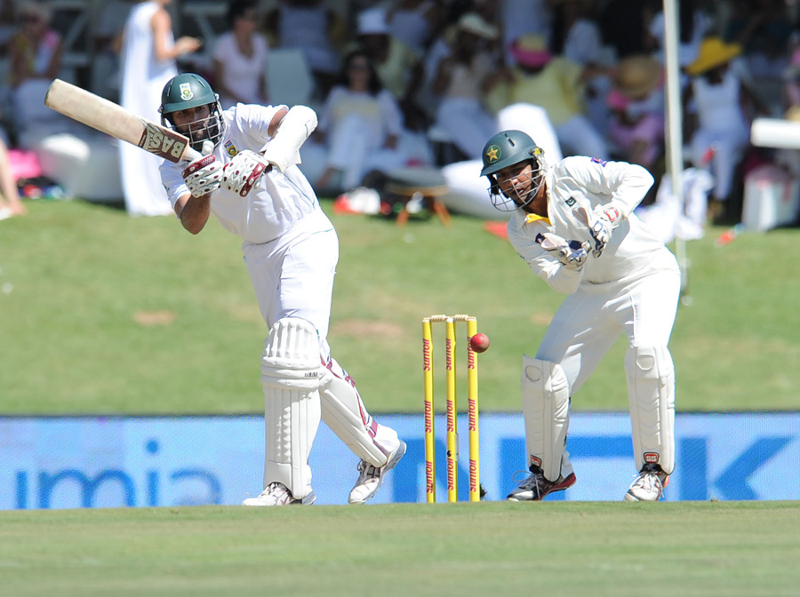 Hashim Amla plays the ball on the onsid