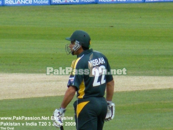 Misbah ul Haq watches the action from the non-striker's end