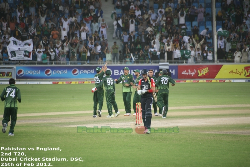 Pakistan celebrate Kevin Pietersen's wicket