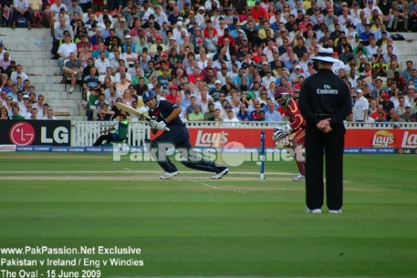 Ravi Bopara helps the ball through the square leg region