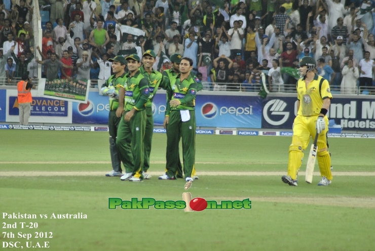 Saeed Ajmal and team celebrating after taking a wicket