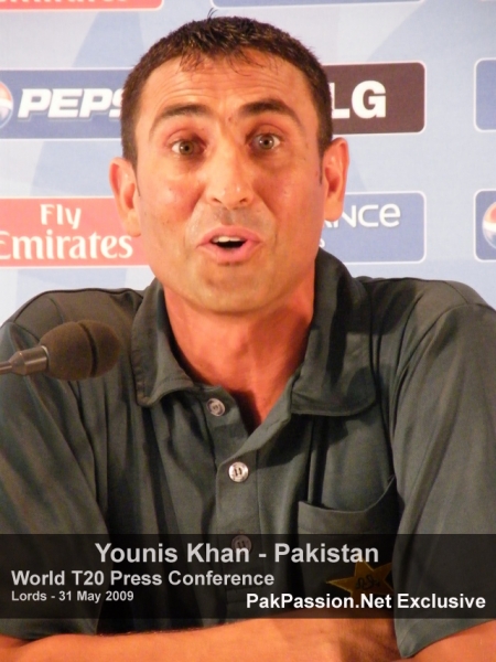 Younis Khan answers a question at the Lords press conference