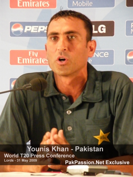 Younis Khan answers a question at the Lords press conference