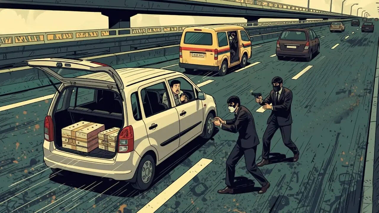 In a swift transfer, the gang loads ₹7.1 crore into a Maruti WagonR and speeds away, abandoning the CMS van, the abandoned MUV, and chaos.