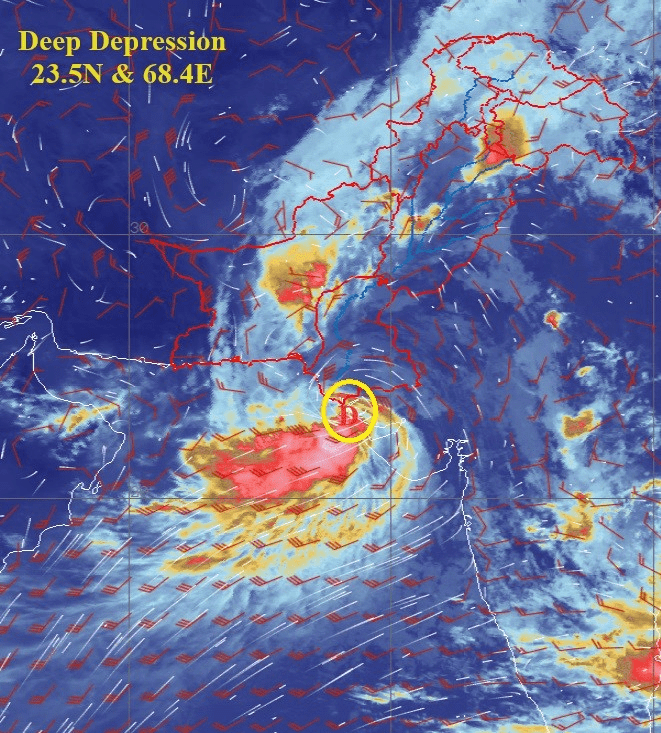  This satellite image captured at 9:30am on Aug 30 shows a deep depression over Arabian Sea, about 200km away from Karachi. — PMD