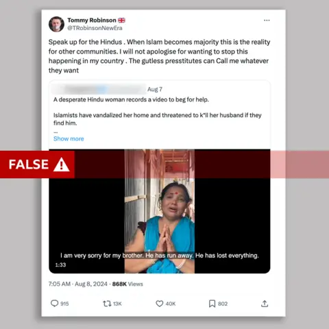 X An X (formerly known as Twitter) retweet by Tommy Robinson with a video of a Hindu woman begging for help. The source he is retweeting falsely claims Islamists vandalised her home.