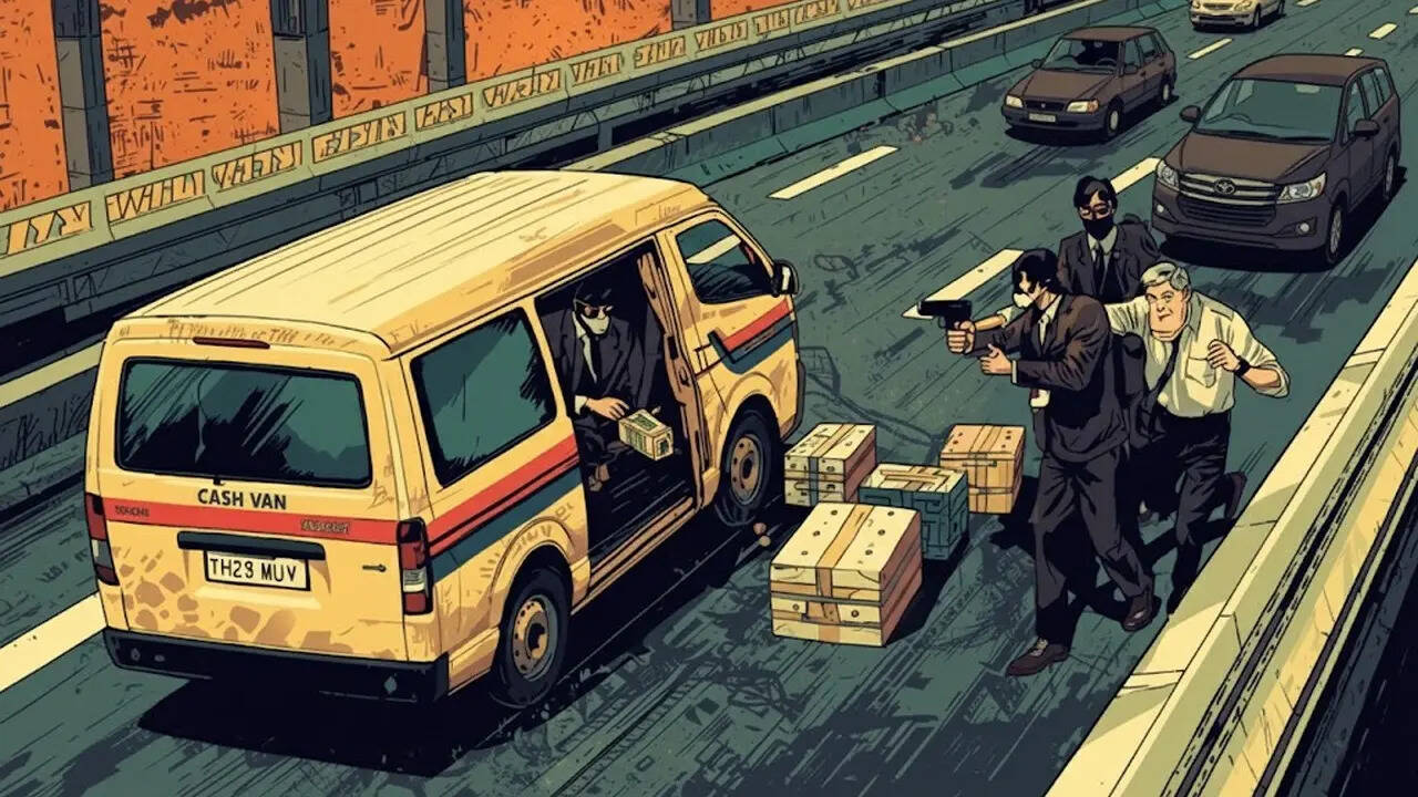 On the Dairy Circle flyover, the gang corners the lone driver at gunpoint and begins pulling out cash boxes as vehicles pass by, unaware of the robbery unfolding.