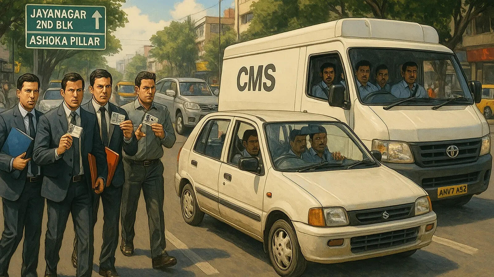 Imposters confront the CMS staff, showing fake IDs and claiming there is a complaint against the company, convincing the crew to step out of the van.