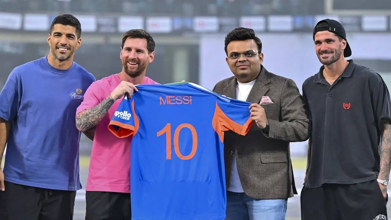 Argentine footballer Lionel Messi with ICC Chairman Jay Shah in New Delhi during Footballer's GOAT India Tour 2025